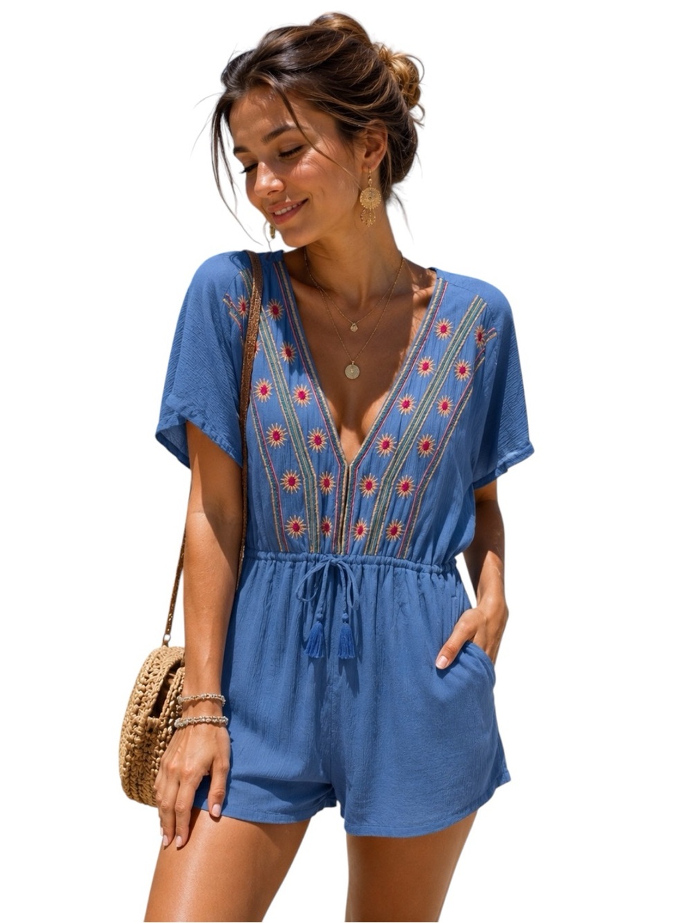 O’Neill Finnie Embroidered Romper NWT Blue Boho Festival Beach Vacation Size S